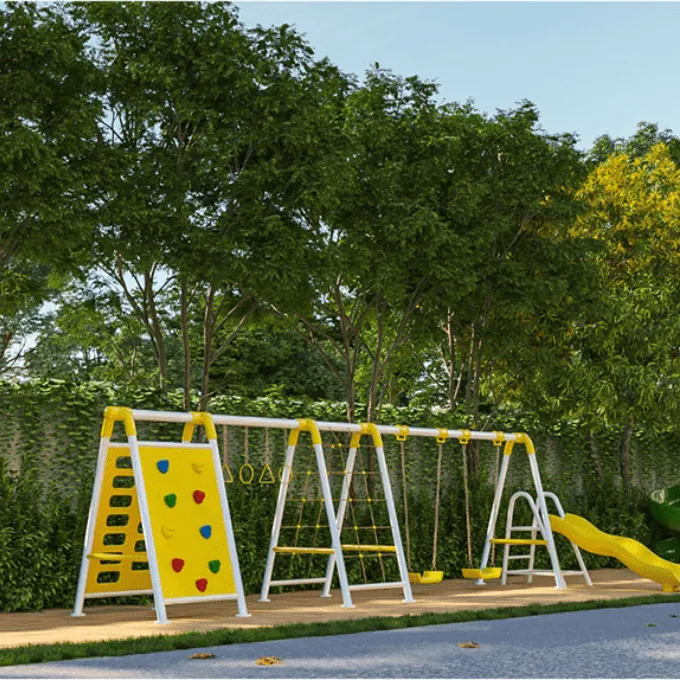 Hallmark Pinnacle, Pati, artistic impression A children’s play area with swings and slides among trees at Hallmark Pinnacle